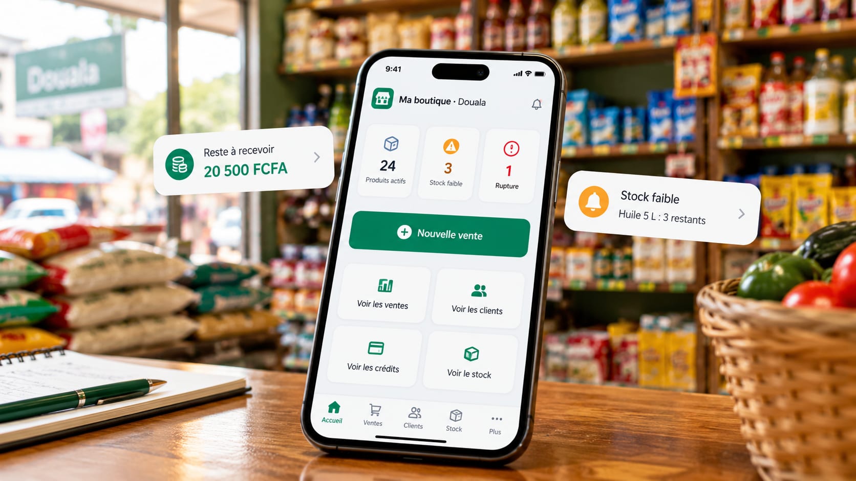 Un téléphone posé sur le comptoir d'une épicerie affiche le tableau de bord : 24 produits actifs, 3 en stock faible, 1 rupture, et un bouton Nouvelle vente.